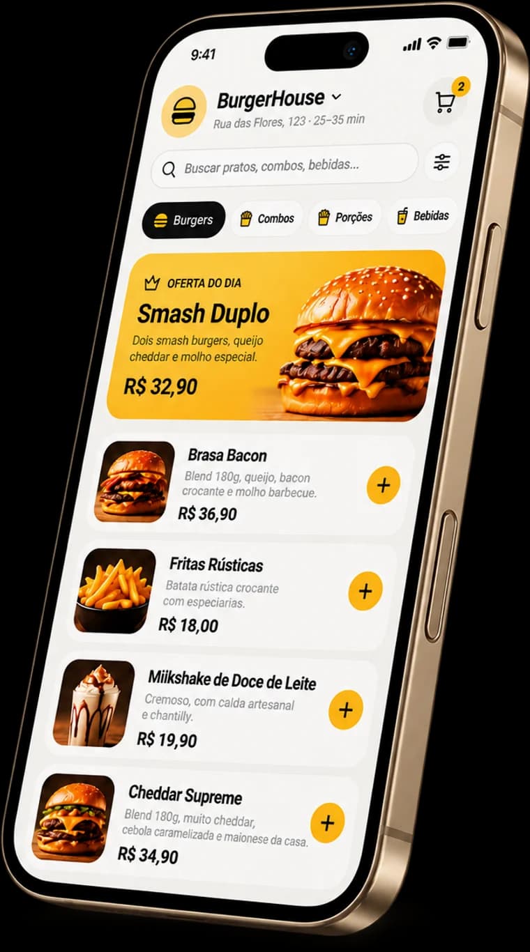 Cardápio digital de uma hamburgueria fictícia aberto no celular