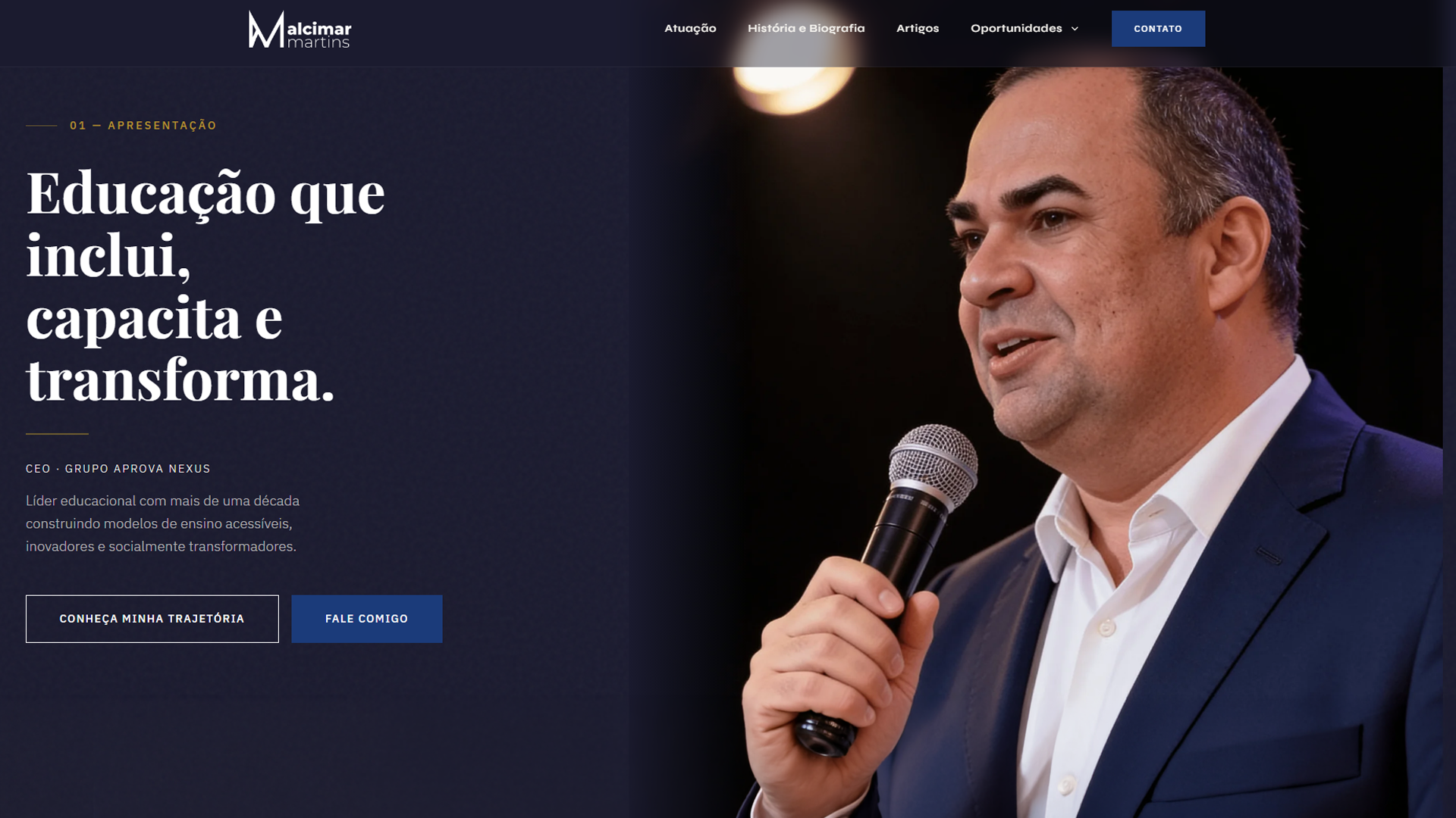 Interface digital do projeto de Site institucional desenvolvido pela Mytrus para a marca Alcimar Martins (Presença digital para liderança em educação)