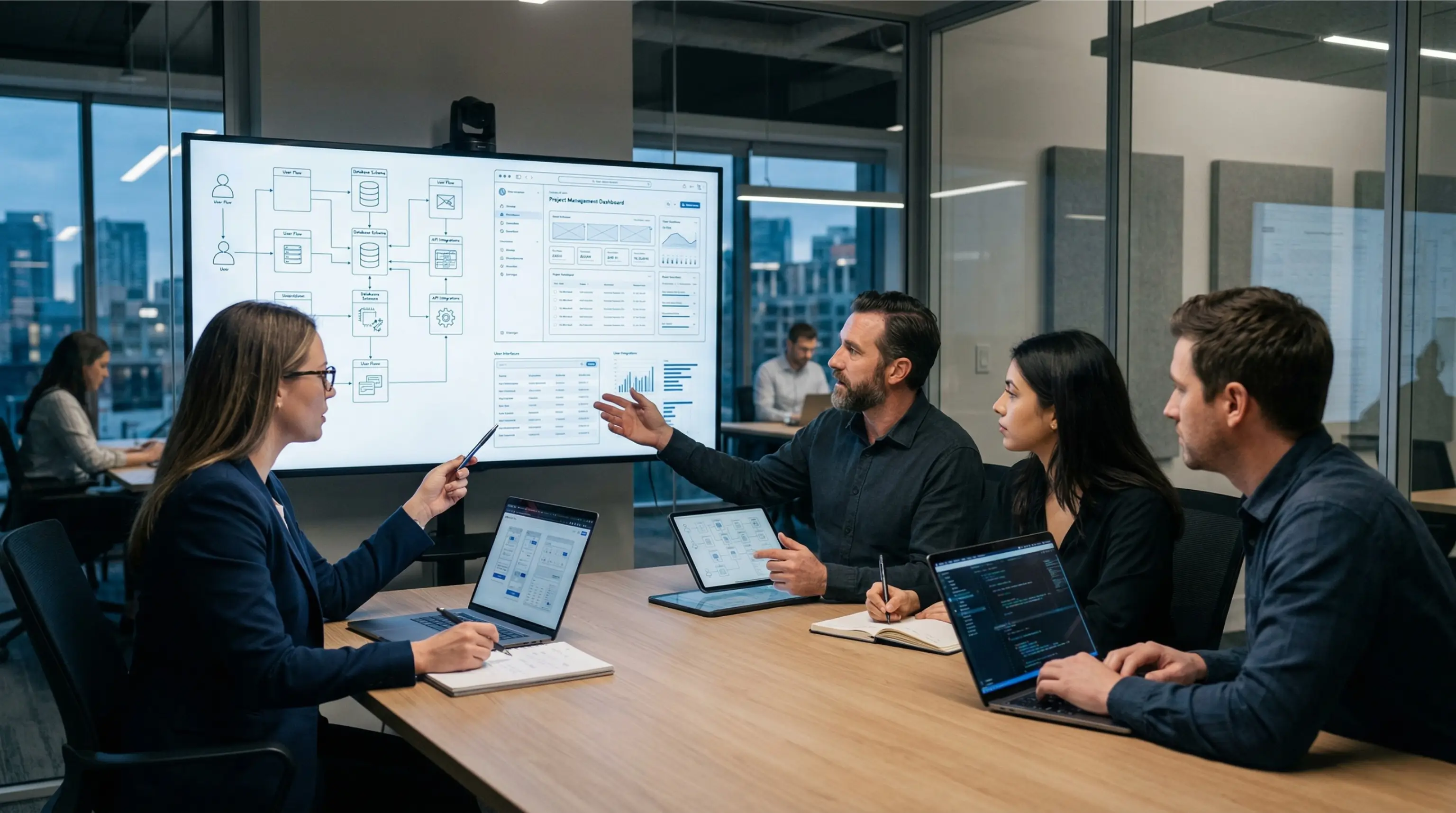 Equipe analisando projeto de desenvolvimento web sob medida em tela grande