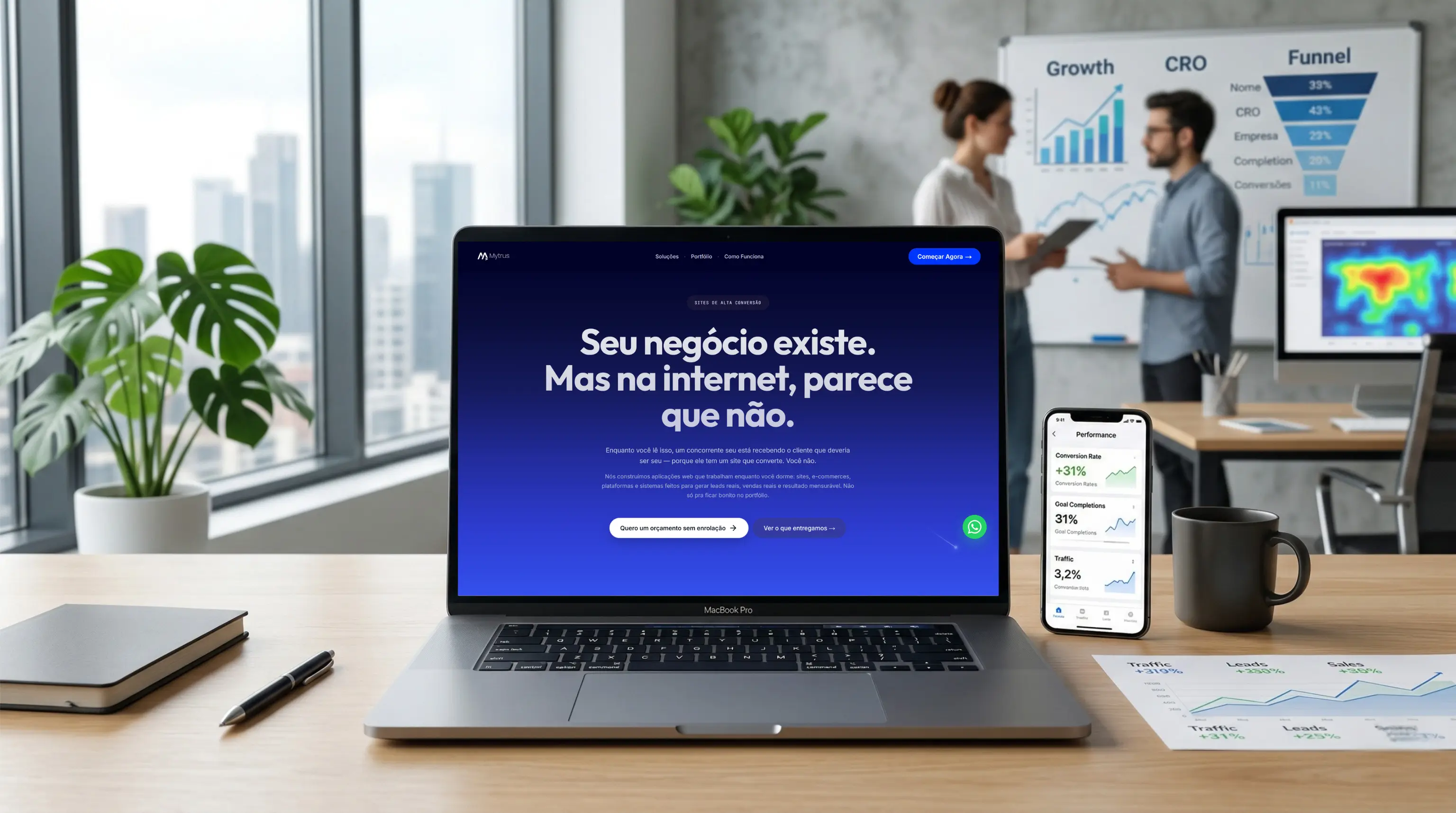 Tela de notebook com landing page de alta conversão e botão de chamada em destaque